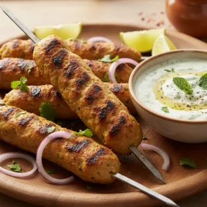 Three chicken seekh kebabs with mint yogurt dip