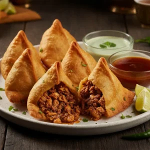 Four crispy samosas filled with spiced potatoes