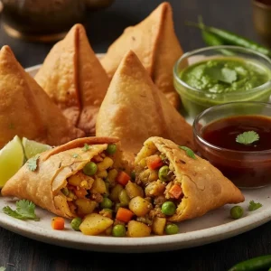Four vegetarian samosas with vegetable filling