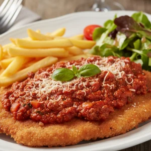 Bolognese schnitzel topped with meat sauce