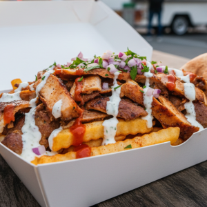 Box with döner meat from the rotating spit