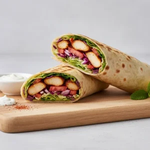 Freshly wrapped kebab roll with salad and sauce