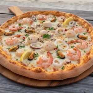 Seafood pizza with mixed seafood