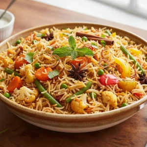 Vegetarian biryani with vegetables and spices